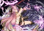  1girl asymmetrical_gloves bare_shoulders black_gloves black_thighhighs blush braid breasts bug butterfly closed_eyes draph elbow_gloves from_above full_body gloves granblue_fantasy hair_ornament hair_over_one_eye high_heels highres holding holding_sword holding_weapon horns iroia katana large_breasts long_hair low-tied_long_hair narmaya_(granblue_fantasy) parted_lips pink_hair pointy_ears revision sideboob single_braid single_thighhigh sleeveless solo sword thigh_strap thighhighs uneven_gloves very_long_hair water weapon 