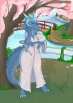  absurd_res anthro asian_clothing auroth_(bigboy980) blue_body blue_scales clothed clothing dragon east_asian_clothing fan_character female fraydragon garden hi_res japanese_clothing scales scalie solo standing 