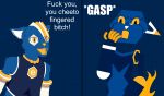  absurd_res ambiguous_gender anthro blue_body blue_fur cheetos clothing crop_top cussing duo e621 esix felid frown fur gasp gasping hair hair_over_eye hexagon hexerade hi_res inner_ear_fluff insult male mammal mascot one_eye_obstructed open_mouth orange_eyes redcrystal shirt showing_teeth simple_background sleeves text topwear tuft 