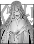  1boy 1girl areola_slip areolae azur_lane bangs between_breasts braid breasts cleavage commander_(azur_lane) commentary_request dress_pull eyebrows_visible_through_hair eyes_visible_through_hair glasses greyscale hair_ornament hands_up huge_breasts long_hair long_sleeves looking_down monochrome necktie nipples one_breast_out parted_bangs parted_lips semi-rimless_eyewear shangri-la_(azur_lane) sidelocks snowflake_hair_ornament solo_focus sweatdrop sweater very_long_hair yszw 