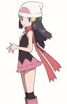 1girl bare_arms beanie black_hair black_legwear boots dawn_(pokemon) eyelashes floating_hair grey_eyes hair_ornament hairclip hands_together hat highres looking_at_viewer looking_to_the_side open_mouth over-kneehighs pink_footwear pokemon pokemon_(game) pokemon_dppt red_scarf scarf simple_background sleeveless solo thighhighs tongue white_background white_headwear yoshi_(moco1) 