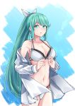  :o aqua_background bangs bare_shoulders bikini black_bikini breasts cowboy_shot earrings green_eyes green_hair hair_ribbon highres jacket jewelry large_breasts layered_bikini long_hair long_ponytail navel off-shoulder_jacket open_clothes open_jacket pneuma_(xenoblade) ponytail ribbon sarasadou_dan swept_bangs swimsuit very_long_hair white_background white_bikini white_ribbon xenoblade_chronicles_(series) xenoblade_chronicles_2 