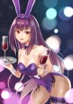  1girl alcohol animal_ears bangs breasts bunny_ears bunny_tail bunnysuit cleavage cup detached_collar drinking_glass fake_animal_ears fate/grand_order fate_(series) fishnet_legwear fishnets hair_between_eyes highleg highleg_leotard highres hiyoko_biimu large_breasts leotard long_hair looking_at_viewer open_mouth pantyhose piercing_bunny purple_hair purple_leotard red_eyes scathach_(fate)_(all) scathach_(fate/grand_order) smile tail thighs tray wine wrist_cuffs 