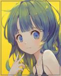  1girl absurdres bangs blue_eyes blue_hair breasts cleavage close-up fangs fangs_out highres looking_down mile_(mil2) original solo v yellow_nails 