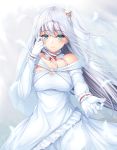  blue_eyes blush breasts bridal_veil cleavage dress feathers frills hair_bobbles hair_ornament highres large_breasts long_hair mystic_square one_side_up shinki silver_hair smile touhou touhou_(pc-98) veil wedding_dress white_background white_dress yanagi_no_ki 