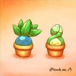  :&gt; artist_name budew closed_mouth commentary_request flower_pot gen_1_pokemon gen_4_pokemon in_pot no_humans oddish orange_eyes pokemon pokemon_(creature) smile touch_me_a watermark 