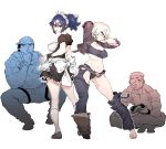  2boys 2girls alternate_costume arms_behind_head barefoot belt blonde_hair blue_eyes blue_hair blush bra breasts brown_jacket character_request cleavage closed_mouth contrapposto copyright_request cropped_jacket detached_pants dress frilled_dress frills grey_bra grey_eyes grey_panties hands_up highres jacket kneehighs large_breasts leather leather_jacket leona_heidern looking_at_viewer maid multiple_boys multiple_girls navel open_clothes open_jacket panties parted_lips ponytail pose ralf_jones shoes short_hair simple_background single_shoe smile snk_heroines:_tag_team_frenzy socks soldier squatting ssambatea sweatdrop the_king_of_fighters toenails underwear white_background white_legwear 