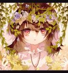  1girl animal_ears bangs brown_hair bunny_ears bunny_girl carrot_necklace collar dress english_text engrish_text eyebrows_visible_through_hair fingernails flower foliage frilled_collar frills hair_between_eyes hair_flower hair_ornament head_wreath inaba_tewi letterboxed looking_at_viewer medium_hair pink_dress ranguage red_eyes shinjitsu_no_kuchi solo touhou upper_body white_background white_flower 