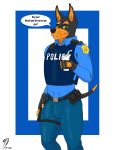  abstract_background absurd_res anthro canid canine canis clothing dobermann domestic_dog drekkorwolfsoul hi_res male mammal pinscher police_uniform solo text_on_vest uniform 
