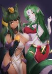  2girls absurdres animal_ears anubis_(monster_girl_encyclopedia) bangs blush breasts cleavage closed_mouth cowboy_shot cup dark_green_hair dark_skin echidna_(monster_girl_encyclopedia) eyebrows_visible_through_hair green_eyes green_hair hair_ornament hair_tubes highres holding holding_cup kakuma lamia large_breasts long_hair looking_at_viewer looking_back monster_girl monster_girl_encyclopedia multiple_girls pale_skin parted_bangs paws pointy_ears scales slit_pupils smile snake_hair snake_hair_ornament standing tail take_your_pick wolf_ears wolf_girl wolf_tail 