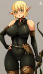  1girl :&lt; absurdres annoyed black_gloves blonde_hair bodysuit boots bow breasts brown_legwear covered_nipples elf evangelyne eyebrows eyebrows_visible_through_hair fingerless_gloves freckles gloves green_eyes hand_on_hip highres jmg large_breasts looking_at_viewer navel nipples pointy_ears short_hair signature sleeveless sleeveless_bodysuit thigh_boots thighhighs thighs wakfu 