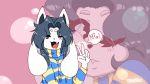  anthro big_ears clothing dialogue eyes_closed female gesture hair hi_res looking_at_viewer mammal open_mouth shirt simple_background solo tem temmie_(undertale) text topwear undertale v_sign video_games white_body 