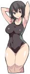  1girl absurdres amagami armpits arms_behind_head black_eyes black_hair breasts competition_swimsuit enpe highres large_breasts looking_at_viewer nanasaki_ai one-piece_swimsuit parted_lips solo standing swimsuit thick_thighs thighs white_background 