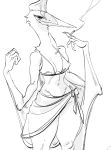  2020 anthro azhdarchid bikini bottomwear breasts cigarette cleavage clothed clothing crotch_lines dinosaur feathered_dinosaur feathers female glacierclear midriff monochrome non-mammal_breasts pterosaur quetzalcoatlus reptile scalie sketch skirt solo swimwear wings 