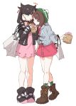  2girls ankea_(a-ramo-do) bag bangs black_choker black_hair black_jacket boots brown_footwear brown_hair buttons cardigan choker collared_dress dress eating gloria_(pokemon) green_headwear green_legwear grey_cardigan hair_ribbon hat highres holding hooded_cardigan jacket knees long_sleeves marnie_(pokemon) multiple_girls open_clothes paper_bag pink_dress plaid plaid_legwear pokemon pokemon_(game) pokemon_swsh red_ribbon ribbon short_hair socks tam_o&#039;_shanter 