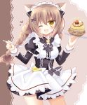  1girl ;d animal_ear_fluff animal_ears apron black_dress blush braid breasts brown_background brown_eyes brown_hair cat_ears commentary_request dress fang food heart holding holding_plate holding_spoon long_hair long_sleeves looking_at_viewer maid maid_headdress medium_breasts mont_blanc_(food) one_eye_closed open_mouth original plate puffy_short_sleeves puffy_sleeves shikito short_over_long_sleeves short_sleeves smile solo spoon twin_braids twintails very_long_hair waist_apron white_apron yellow_eyes 