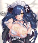  1girl :d areola_slip areolae bandaid bandaids_on_nipples bangs bare_shoulders blue_hair blush breastless_clothes breasts choker cleavage collarbone demon_girl demon_wings dress eyebrows_visible_through_hair eyepatch_bikini hair_over_one_eye hand_up large_breasts long_hair looking_at_viewer lucia_(ogino_atsuki) lying maid maid_headdress ogino_atsuki on_back open_mouth original pasties skindentation smile solo succubus twintails wings yellow_eyes 