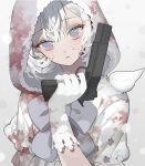  1girl blood bloody_clothes close-up grey_eyes gun handgun highres holding holding_gun holding_weapon hood hood_up looking_at_viewer natsuro original parted_lips pistol short_hair solo weapon white_hair 