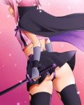  1girl ass black_cape black_legwear black_skirt cape chiyoda_momo commentary_request crop_top dr_rex fingerless_gloves gloves grey_gloves holding holding_sword holding_weapon katana machikado_mazoku midriff panties pantyshot pink_hair pleated_skirt ponytail purple_panties scarf short_hair side-tie_panties sidelocks skindentation skirt solo standing sword thighhighs underwear weapon wrist_cuffs 