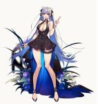  1girl absurdres alternate_hairstyle azur_lane bangs bare_shoulders black_dress blue_hair bracelet breasts champagne_flute cleavage cup dress drinking_glass essex_(azur_lane) essex_(craft_fairytail)_(azur_lane) full_body high_heels highres hoe-l holding holding_cup jewelry large_breasts long_hair looking_at_viewer necklace open_mouth simple_background sleeveless sleeveless_dress smile solo standing thigh_strap twintails very_long_hair white_background 