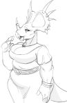  2020 anthro belt big_breasts breasts ceratopsian cleavage clothed clothing dinosaur dress female glacierclear horn horn_ring jewelry monochrome necklace non-mammal_breasts nose_horn ornithischian reptile scalie sketch slightly_chubby solo styracosaurus wide_hips 