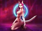  anthro breasts catherinemeow claws clothed clothing domestic_cat felid feline felis female fluffy fluffy_tail fur green_eyes hair mammal nipples partially_clothed purple_hair simple_background solo white_body white_fur 