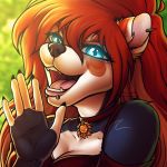  ailurid anthro blue_eyes breasts brown_body brown_fur catherinemeow clothed clothing detailed_background facial_piercing fangs female fur hair headshot_portrait hi_res lip_piercing mammal multicolored_body multicolored_fur open_mouth open_smile piercing portrait red_hair red_panda smile solo teeth tongue two_tone_body two_tone_fur white_body white_fur 