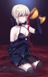  1girl artoria_pendragon_(all) black_bow black_dress black_footwear black_gloves black_legwear blonde_hair bow braid breasts dress elbow_gloves fate/grand_order fate_(series) french_braid gloves grail hair_bow hair_bun high_heels highres holy_grail_(fate) pouring saber_alter short_dress sii_artatm sitting sleeveless sleeveless_dress small_breasts solo thighhighs wariza yellow_eyes 