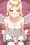  1other angel angel_wings arm_support bare_arms black_shorts blonde_hair blue_eyes blush broken_halo censored closed_mouth commentary_request crimvael dress flat_chest futanari halo highres himesamaiove ishuzoku_reviewers large_penis long_hair looking_at_viewer mosaic_censoring nose_blush off-shoulder_dress off_shoulder penis shorts sitting smile solo white_dress white_wings wings 