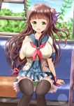  1girl :d ass_visible_through_thighs bangs black_legwear blue_sailor_collar blue_skirt blush breasts brown_hair collarbone commentary_request day eyebrows_visible_through_hair feet_out_of_frame flower gochuumon_wa_usagi_desu_ka? green_eyes green_panties hair_flower hair_ornament hair_ribbon hand_on_own_chest hand_up highres large_breasts long_hair looking_at_viewer neckerchief one_side_up open_mouth panties pleated_skirt purple_ribbon red_neckwear ribbon sailor_collar sitting skirt smile solo thighhighs ujimatsu_chiya underwear very_long_hair white_flower zenon_(for_achieve) 