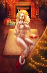  anthro blonde_hair blue_eyes breasts catherinemeow christmas claws clothed clothing detailed_background domestic_cat felid feline felis female fluffy fluffy_tail fur genitals hair hi_res holidays lips mammal nipples open_mouth open_smile partially_clothed pussy sitting smile solo teeth white_body white_fur 