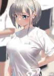  1girl aqua_eyes arm_behind_back artist_name breasts close-up gym_uniform jonsun large_breasts looking_to_the_side original shirt_pull solo white_hair 