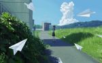  05tai_mono 1girl absurdres amemori_sayo black_hair braid bush commentary_request cumulonimbus_cloud day grass highres huge_filesize looking_at_viewer looking_back nijisanji outdoors paper_airplane scenery school_uniform serafuku shade shadow solo twin_braids 