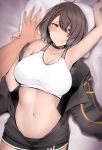  1girl azur_lane baltimore_(azur_lane) baltimore_(black_ace)_(azur_lane) bangs bare_shoulders black_jacket black_shorts blush braid breasts brown_hair choker cleavage collarbone highres isawo_(lucanus19) jacket large_breasts long_sleeves looking_at_viewer lying navel off_shoulder on_back pillow short_hair short_shorts shorts side_braid smile solo_focus sports_bra sweat white_sports_bra 