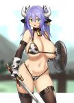  1girl animal_ears animal_print armor bangs bare_shoulders bell bell_collar bikini bikini_armor blue_hair breasts cleavage collar collarbone cow_bell cow_ears cow_girl cow_horns cow_print cowboy_shot ear_tag eyebrows_visible_through_hair gauntlets gloves green_eyes hair_between_eyes highres horns houtengeki large_breasts long_hair looking_at_viewer navel open_mouth original print_armor shield sidelocks skindentation stomach swimsuit sword thighhighs thighs twintails v-shaped_eyebrows weapon 