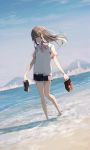  1girl barefoot beach brown_hair cardigan_vest commentary day highres holding holding_clothes holding_legwear holding_shoes legwear_removed loafers long_hair ocean original outdoors school_uniform shiina_kuro shoes shoes_removed sky solo symbol_commentary wading 