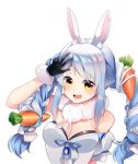  1girl animal_ear_fluff animal_ears arm_up bangs bare_shoulders black_gloves blue_hair blush braid breasts bunny_ears bunny_girl carrot carrot_hair_ornament cleavage commentary_request eyebrows eyebrows_visible_through_hair food_themed_hair_ornament fromchawen gloves hair_ornament hololive long_braid long_hair looking_at_viewer multicolored_hair open_mouth puffy_short_sleeves puffy_sleeves scarf short_sleeves smile solo thick_eyebrows twin_braids two-tone_hair upper_body upper_teeth usada_pekora virtual_youtuber w white_background white_hair 