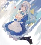  1other androgynous apron bangs blue_hair boots cake cake_slice eyebrows_visible_through_hair falling food hair_between_eyes long_hair long_sleeves looking_at_viewer maid maid_apron maid_dress maid_headdress open_mouth rimuru_tempest sakusan_yousoeki simple_background smile solo tensei_shitara_slime_datta_ken yellow_eyes 