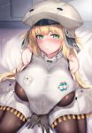  1girl :i alternate_breast_size aqua_eyes artoria_pendragon_(all) artoria_pendragon_(caster) bare_shoulders blonde_hair blush bodysuit breasts fate/grand_order fate_(series) gloves grey_gloves hat highres hirasawa_seiji kneeling large_breasts long_hair pantyhose pouch sleeveless translation_request 