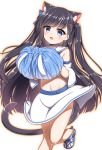  1girl :d animal_ear_fluff animal_ears azur_lane bangs bare_shoulders black_hair blue_bow blue_choker blue_eyes blue_ribbon blunt_bangs blush bow cat_ears cat_tail cheerleader choker commentary_request cowboy_shot crop_top detached_sleeves eyebrows_visible_through_hair groin hair_bow hair_ribbon half_updo hatsuharu_(azur_lane) hestia_(neko_itachi) holding holding_pom_poms long_hair looking_at_viewer midriff navel open_mouth outline pom_poms ribbon sailor_collar shirt shoes simple_background skirt smile sneakers solo standing standing_on_one_leg tail twintails white_background white_footwear white_sailor_collar white_shirt white_skirt white_sleeves 