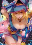  1girl artist_name bangs blonde_hair blue_eyes blurry blurry_background boots breasts capelet cleavage collar commentary dark_magician_girl dress duel_monster glowing hat head_tilt holding leg_up lips looking_at_viewer magion02 medium_breasts one_eye_closed parted_lips pentagram short_dress simple_background sleeveless smile solo wand wizard_hat yuu-gi-ou 