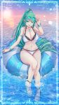  1girl bangs bare_shoulders bikini black_bikini breasts cleavage collarbone evening eyewear_lift from_above full_body green_eyes green_hair high_heels highres innertube large_breasts layered_bikini long_hair long_ponytail looking_at_viewer navel open_mouth outdoors pneuma_(xenoblade) sandals sarasadou_dan soaking_feet solo swept_bangs swimsuit thighs very_long_hair water white_bikini xenoblade_chronicles_(series) xenoblade_chronicles_2 