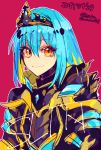  1other androgynous armor blue_hair closed_mouth crown dated hair_between_eyes long_hair looking_at_viewer metal red_background rimuru_tempest sakusan_yousoeki simple_background smile solo tensei_shitara_slime_datta_ken tiara yellow_eyes 