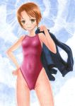  1girl asics bangs blue_sky bob_cut breasts brown_hair cloud collarbone colored_pencil_(medium) competition_swimsuit cowboy_shot disconnected_mouth eyebrows_visible_through_hair grin gym_uniform hand_on_hip hidaka_medaka highleg highres jacket jersey looking_at_viewer medium_breasts one-piece_swimsuit outdoors school_uniform short_hair sidelocks sky smile solo standing sunlight swimsuit thighs tomboy track_jacket track_suit traditional_media yellow_eyes 