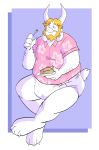  abstract_background anthro asgore_dreemurr beard boss_monster bovid caprine claws clothing cutlery diaper eating facial_hair food fork hi_res horn kitchen_utensils long_ears male mammal pie sheepypeepy shirt sitting solo tools topwear undertale video_games 