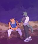  2020 anthro beastars bill_(beastars) canid canine canis clothed clothing confrontation duo eyes_closed felid hi_res humor legoshi_(beastars) male mammal outside pantherine sad shirt sitting standing tank_top that1greenbro tiger topwear wolf 