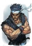  1boy belt black_hair closed_mouth collarbone cropped_torso crossed_arms dougi eyebrows hankuri headband male_focus muscle nose shirt sleeveless solo spiked_hair virtua_fighter white_shirt wind wind_lift wristband yuki_akira 