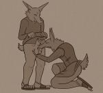  anthro ball_fondling ball_grab ball_lick balls bat_nose canid canine chiropteran claws clothing demon duo fondling footwear genitals harpsichord_(artist) hi_res kneeling licking long_ears looking_at_genitalia looking_down looking_pleasured male male/male mammal monochrome on_knee oral penis penis_aside sandals sex shirt short_tail simple_background standing tongue tongue_out topwear tunic 