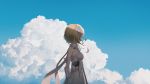  1girl arm_guards blonde_hair chinese_commentary cloud cloudy_sky detached_sleeves dress facing_away female_traveler_(genshin_impact) film_grain flower genshin_impact hair_flower hair_ornament highres short_hair_with_long_locks sidelocks sin. sky sleeveless sleeveless_dress solo vambraces white_dress white_sleeves 