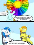  2018 ? anatomically_correct anatomically_correct_genitalia anatomically_correct_penis animal_genitalia animal_penis balls bdsm blue_background blue_eyes blue_hair blush bodily_fluids bondage bound braeburn_(mlp) chair chair_bondage comic confusion dialogue equid equine equine_penis erection fan_character featureless_crotch feral friendship_is_magic fur furniture game_show genitals green_body green_eyes green_fur group hair hi_res horn horse killian_joy male male/male mammal mane medial_ring my_little_pony orange_hair penis pony questionable_consent semi-anthro shining_armor_(mlp) simple_background sitting_in_chair smile speech_bubble sweat text unicorn unicorn_horn wheel white_body white_fur yellow_body yellow_fur 